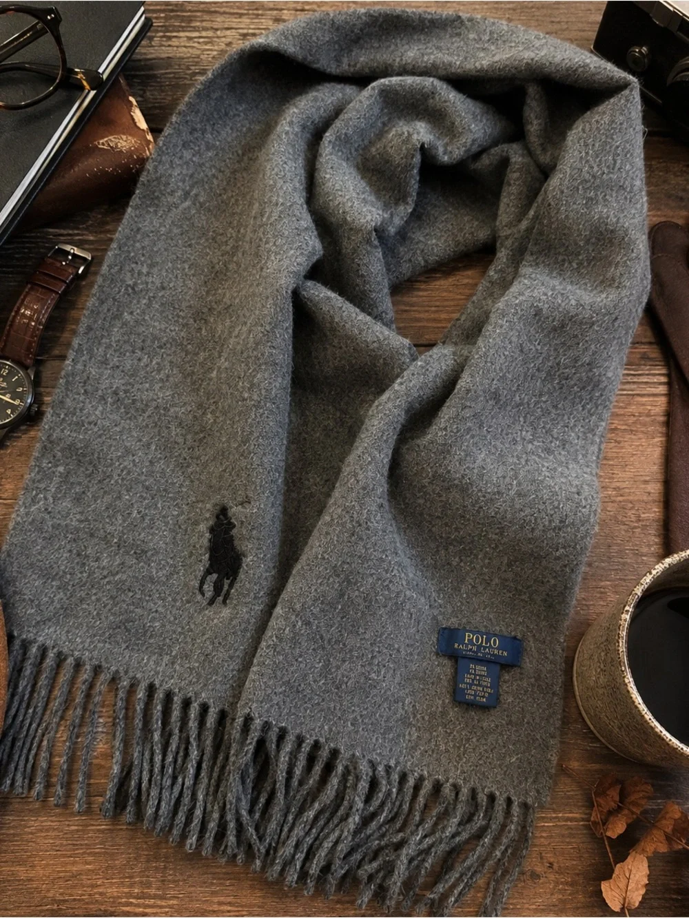 Polo Ralph Lauren Italy 100% Virgin Wool Gray Fringe Scarf Big Pony 56”